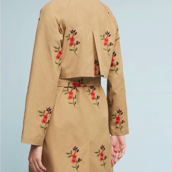 Anthropologie Cartonnier Floral Embroidered Tan Trench Coat - Picture 2 of 11